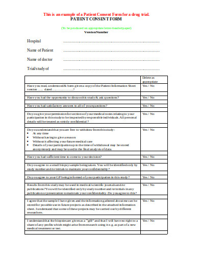 patient consent form for a drug trial template