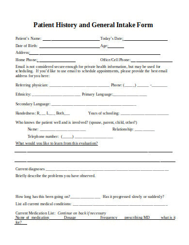 patient history and general intake form template