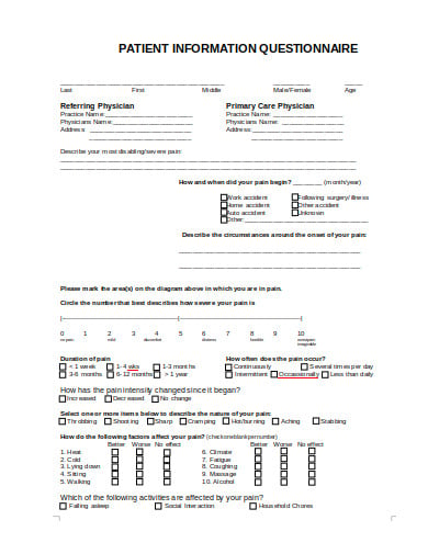 patient information questionnaire template