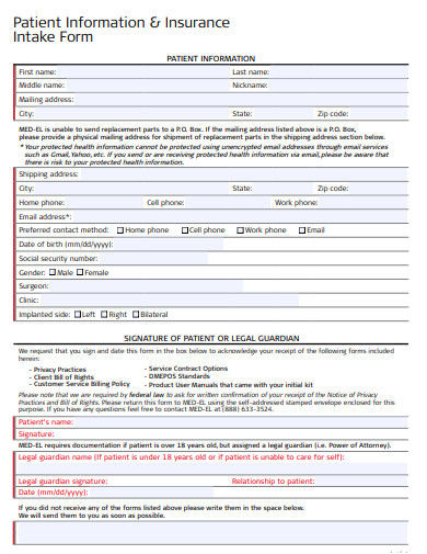 patient information and insurance intake form template