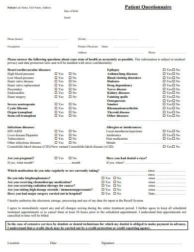 patient questionnaire example