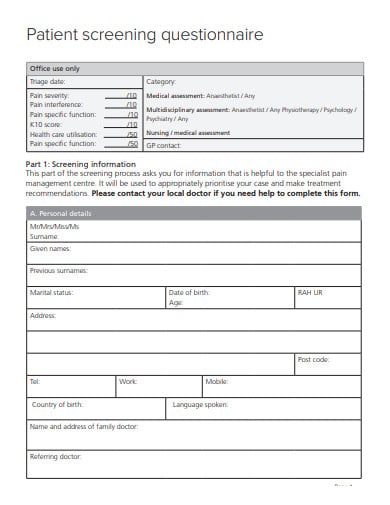 patient screening questionnaire template