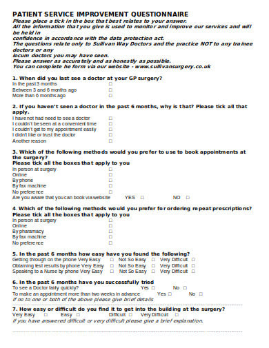 patient service improvement questionnaire template