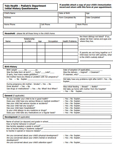 pediatric department initial history questionnaire template