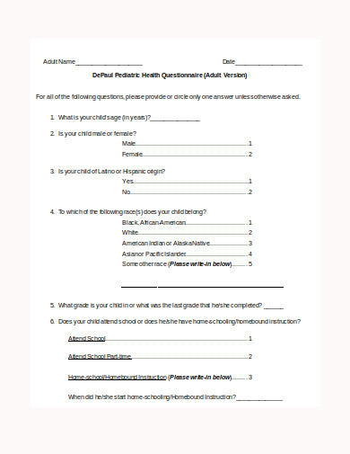 pediatric health questionnaire template in doc