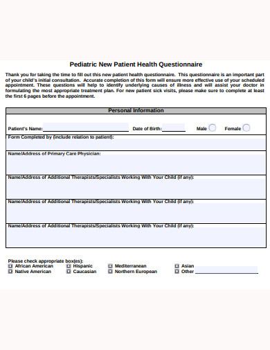 pediatric new patient health questionnaire template