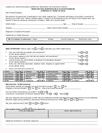 pediatric pre admission health questionnaire template