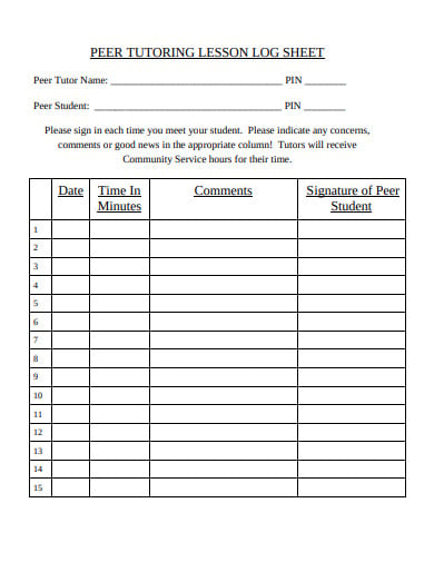 peer tutoring lesson log sheet template