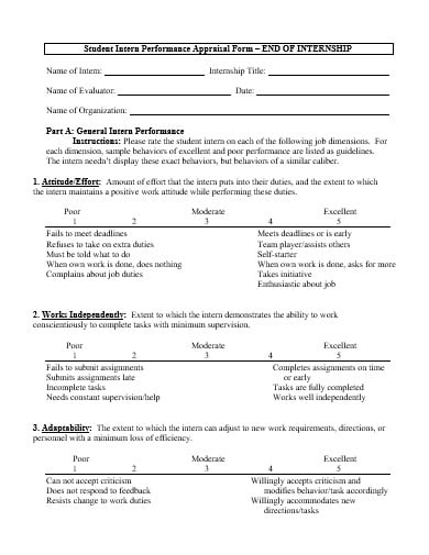 performance appraisal form end of internship template