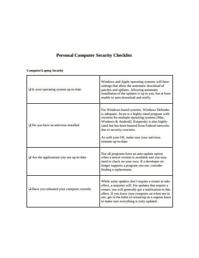 personal computer security checklist in pdf