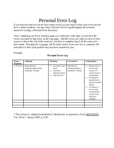 personal-error-log-template