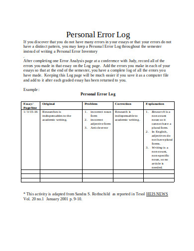 personal error log template