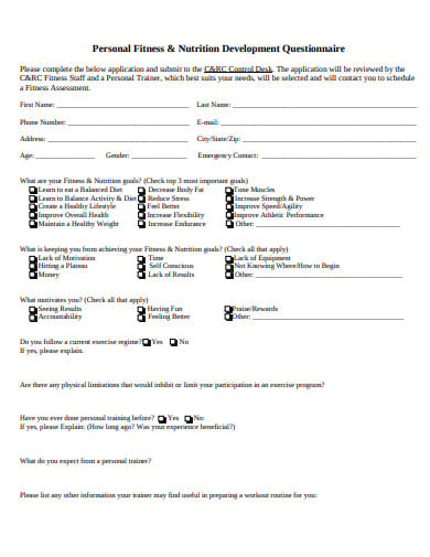 personal fitness questionnaire