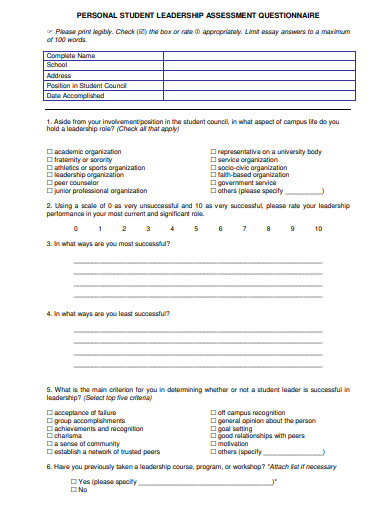 personal learship assessment questinnaire template