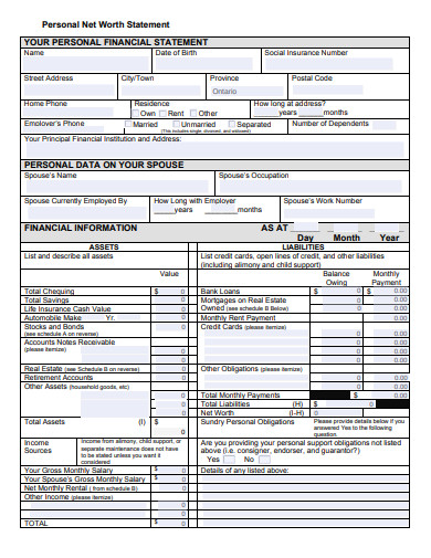 Free Net Worth Statement Template