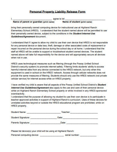 personal property liability release form template