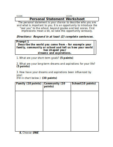 personal statement worksheet example