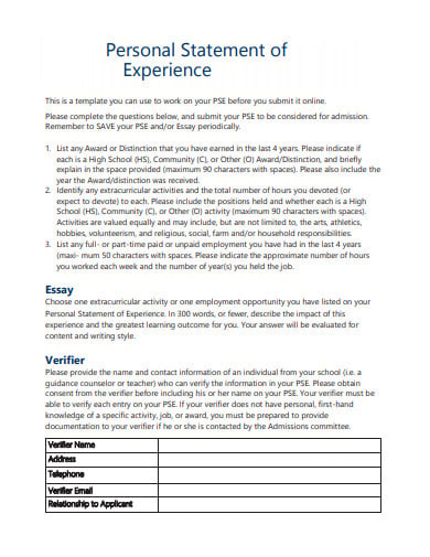 personal statement of experience example