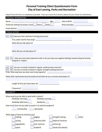 personal training client questionnaire form