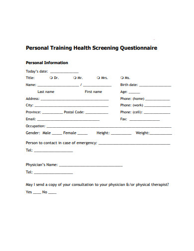 personal training health screening questionnaire example