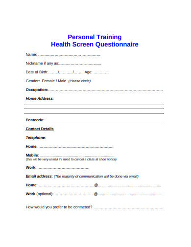 personal training health screening questionnaire template
