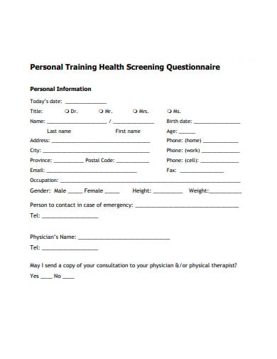 personal training health screening questionnaire template