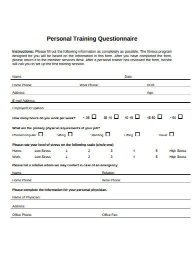 11  Personal Training Questionnaire Templates in PDF DOC