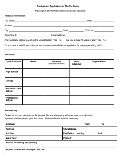 pet nanny employment application template