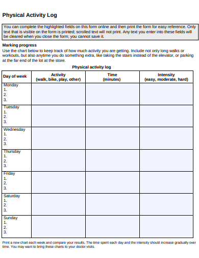 physical activity log format