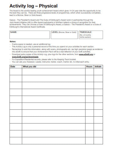 physical activity log template