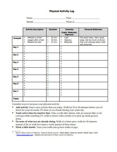 physical activity log template1