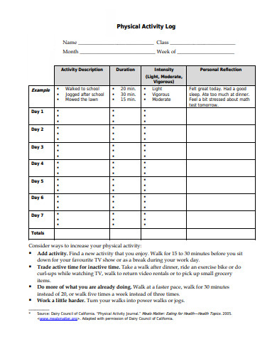 physical activity log template