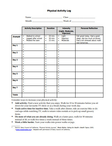 10 Free Physical Activity Log Templates In PDF XLS