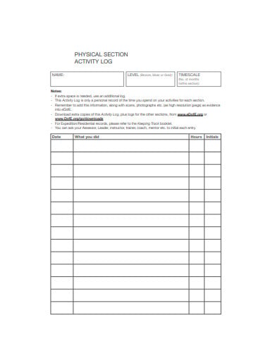 physical section activity log template