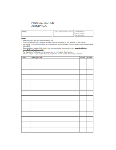 physical section activity log template