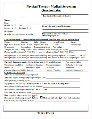 physical therapy medical screening questionnaire template in pdf