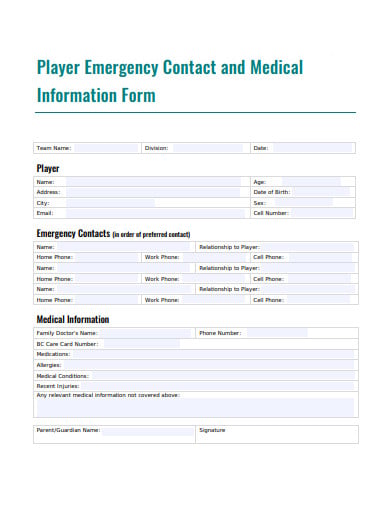 player emergency contact and medical information form