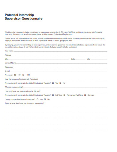 potential internship supervisor questionnaire template