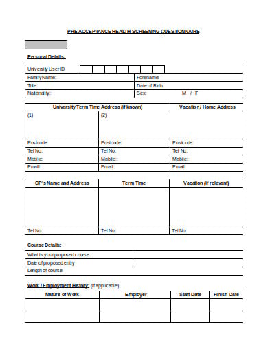 pre acceptance health screening questionnaire template
