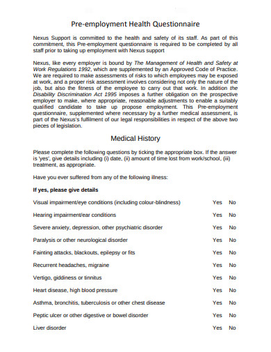 pre employee health questionnaire format