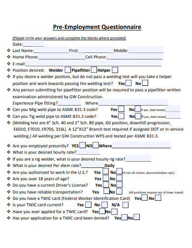 pre employement questionnaire example