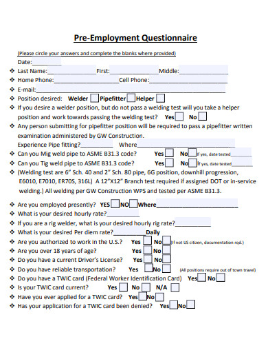 15+ Pre-Employment Questionnaire Templates in PDF | MS Word | Free ...