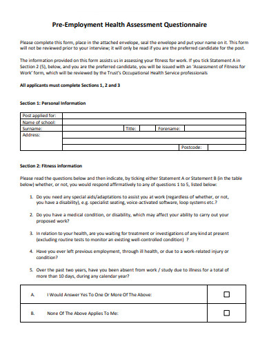 pre employment health assessment questionnaire
