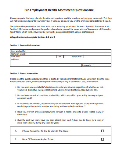10 Pre Employment Health Questionnaire Templates In PDF MS Word