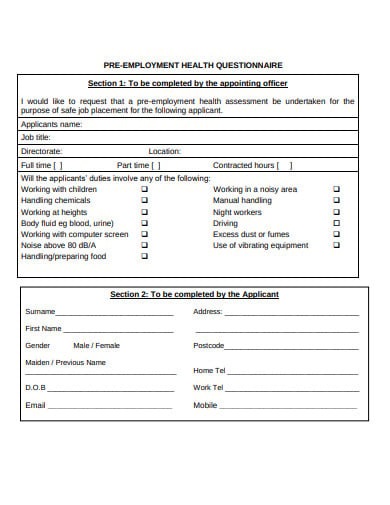 pre employment health questionnaire example