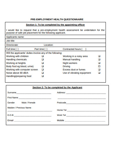 Pre Employment Health Questionnaire Template Database - Riset