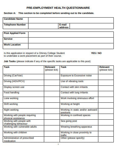 pre employment health questionnaire format