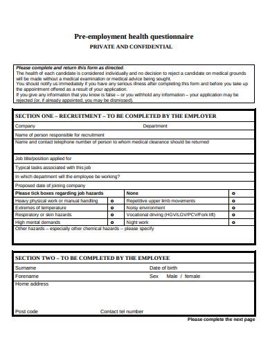 10 Pre Employment Health Questionnaire Templates In Pdf Ms Word 4619