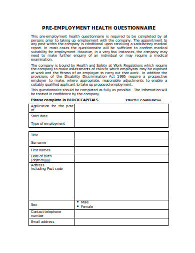 pre employment health questionnaire in doc