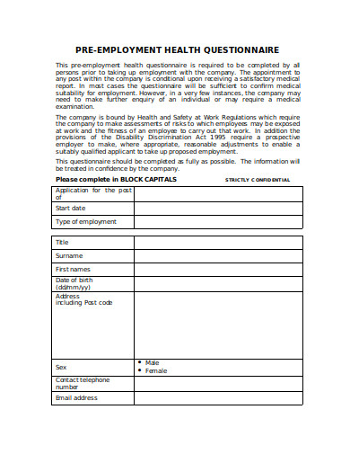 10 Pre Employment Health Questionnaire Templates In Pdf Ms Word Free Premium Templates